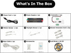 What's in the box: power cord, power supply, controller, motion sensors, daylight sensor, extension cords, main cable, mounting bracket, and 16-20 LED strips