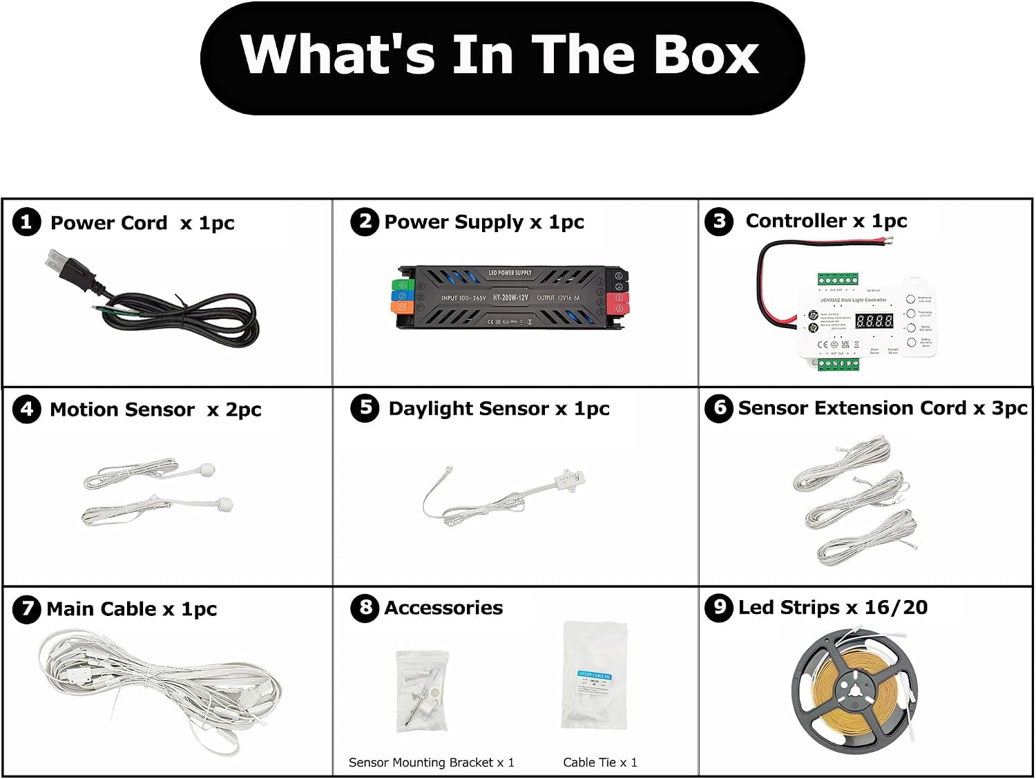 What's in the box: power cord, power supply, controller, motion sensors, daylight sensor, extension cords, main cable, mounting bracket, and 16-20 LED strips
