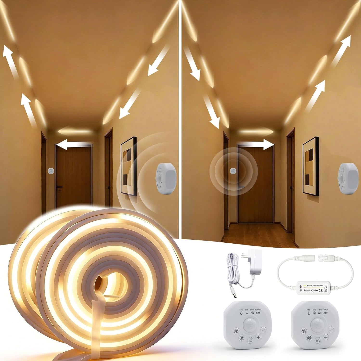 GlowPath LED Strip coiled and glowing warm white, next to the included power adapter, controller, and two motion sensor pucks