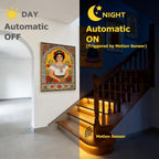 Day vs night comparison showing the stair lights automatically off in daylight and on at night via motion sensor