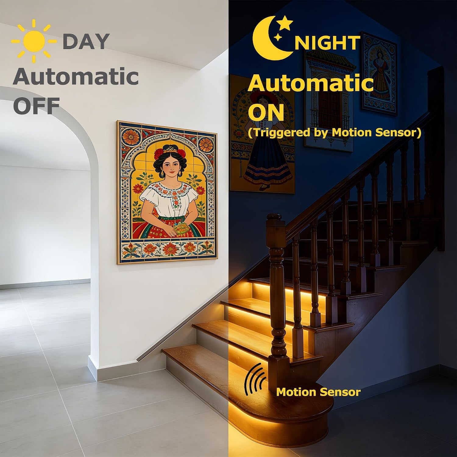 Day vs night comparison showing the stair lights automatically off in daylight and on at night via motion sensor