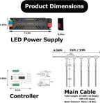 Product dimensions of the LED power supply, controller, and main cable connectors in inches
