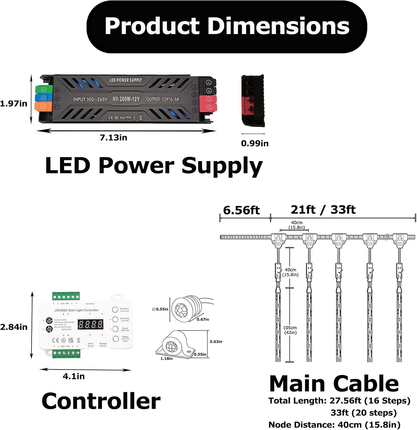 Product dimensions of the LED power supply, controller, and main cable connectors in inches