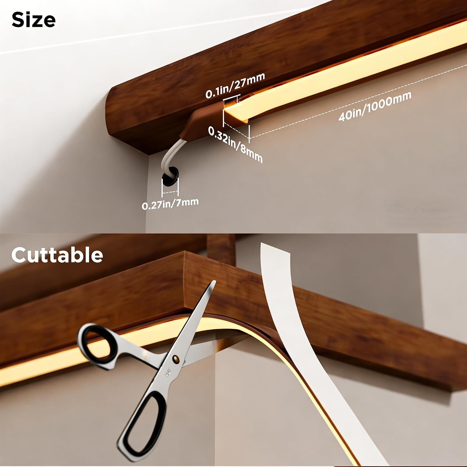 Close-up of the cuttable LED strip showing size dimensions and where it can be trimmed to fit