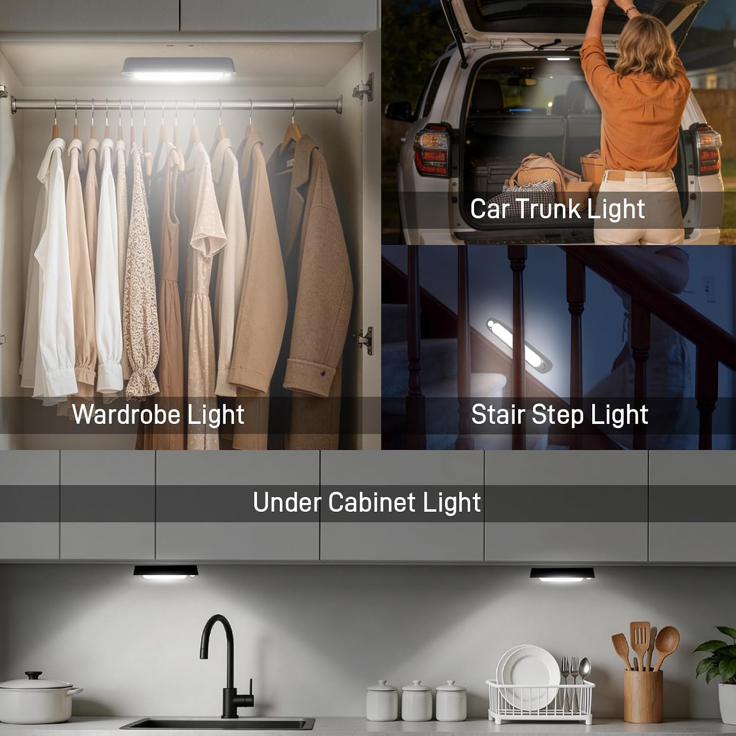 Cabinet Light shown in four uses: wardrobe rail, car trunk, stair handrail, and under kitchen cabinets