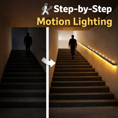 Before and after of a stairwell hallway, dark without the strip light and lit along the handrail with it installed