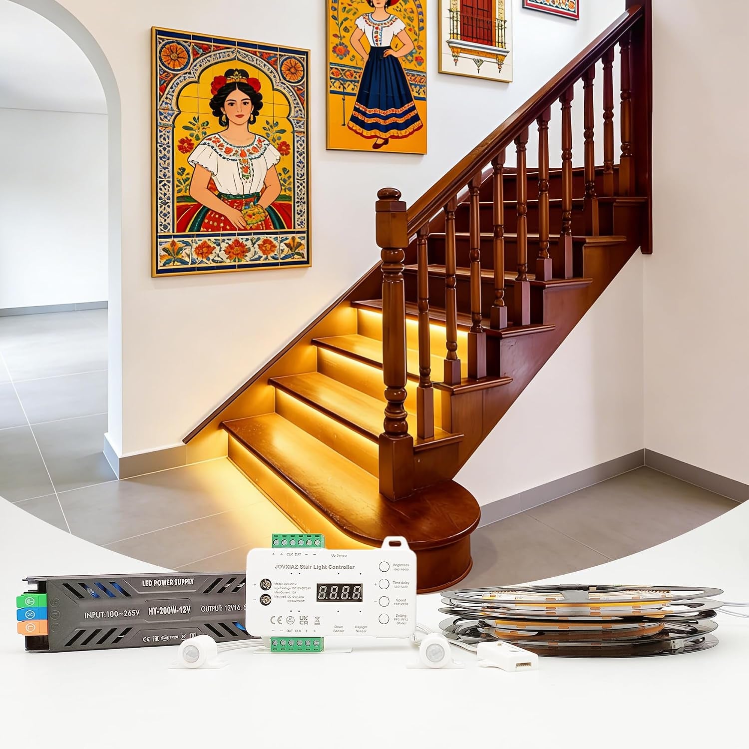 GlowPath Stair Light Kit installed on a wooden staircase, steps glowing warm white at night